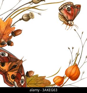 Farfalle, fiori secchi - cornice quadrata autunnale. Illustrazione stagionale acquerello - farfalla di pavone, ghiande di quercia, papavero, fisalis, lunaria Foto Stock