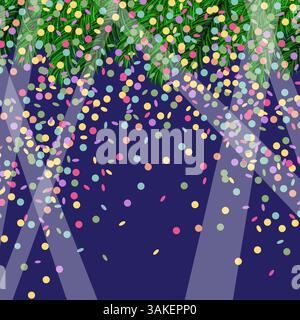 Sequenza di luci natalizie vettoriali. Pino naturale verde su fondo coriandoli a cerchio colorato. Elemento decorativo per festeggiare e festeggiare. Illustrazione Vettoriale