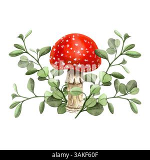 Vola agarico con foglie di mirtillo e ramoscelli. Composizione boschiva disegnata a mano ad acquerello. Perfetto per tessuti, motivi, cartoline botaniche, floreali Foto Stock
