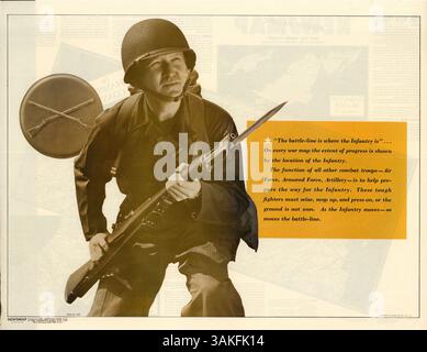Una fotografia di un soldato di fanteria dell'esercito americano con un disco di fanteria con fucili incrociati, insieme a una descrizione dell'importanza della fanteria e delle mappe delle zone di guerra del 19 giugno 1944, in "Newsmap" Vol. III N. 8F. Foto Stock