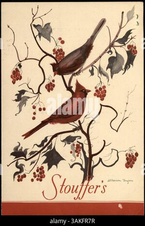 Questo menu a due piani dello Stouffer's Restaurant presenta una copertina raffigurante cardinali tra rami carichi di bacche. Il menu include bistecche, specialità di pesce, piatti di pollame, dessert, frutta, e bevande. Foto Stock