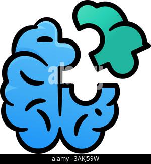 Un'illustrazione lineare a colori di un cervello con elementi di puzzle, raffiguranti brainstorming, sfide intellettuali e processi di ricerca di soluzioni nel logo. Illustrazione Vettoriale