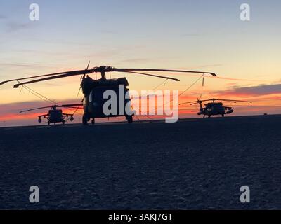 Un elicottero UH-60 Black Hawk parcheggia sulla linea di volo al tramonto a Camp Buehring, Kuwait, novembre 2020. (Foto della Guardia nazionale dell'esercito statunitense del Chief Warrant Officer 5 Rich Adams) Foto Stock