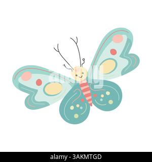 Farfalla stravagante con ali di ottanio, puntini rossi e volto sorridente, ideale per illustrazioni di insetti primaverili, stampe a tema naturale e allegri insetti volanti Illustrazione Vettoriale