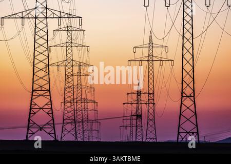Piloni ad alta tensione, linee elettriche aeree al tramonto. Schwieberdingen, Baden-Wuerttemberg, Germania, Europa Foto Stock