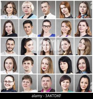Collage di diverse persone sorridenti felici di diverse età su sfondo grigio Foto Stock