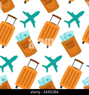 Modello di viaggio a tema senza interruzioni con passaporti, bagagli, aereo. Design vivace e piatto. Illustrazione vettoriale Illustrazione Vettoriale