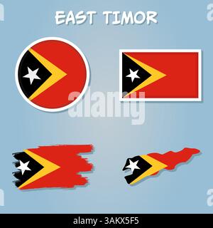 Set di vettori Timor Est, forma dettagliata del paese, bandiere e icone Illustrazione Vettoriale