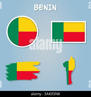 Profilo vettoriale del paese del Benin con set di bandiere Illustrazione Vettoriale