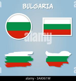 Set di vettori per la Bulgaria. Forma dettagliata del paese con bordi, bandiere e icone della regione Illustrazione Vettoriale