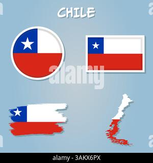 Set di vettori per il Cile, forma dettagliata del paese con bordi, bandiere e icone della regione Illustrazione Vettoriale
