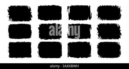 Set di cornici grunge tratti di pennello nero a forma di rettangolo, quadrato su sfondo bianco, effetto grunge, illustrazione vettoriale Illustrazione Vettoriale