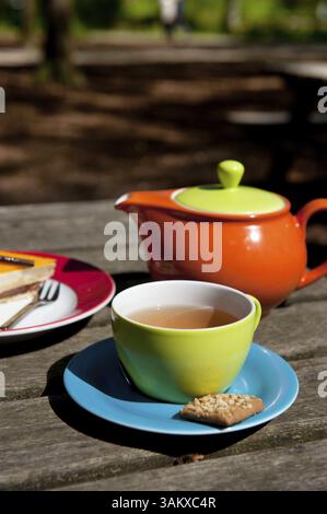 Bere il tè all'aperto sulla terrazza nella foresta Foto Stock