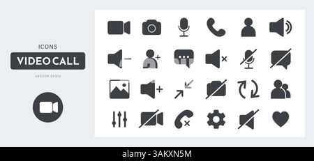 Icona videocall. Set di simboli di base per chat video, webinar aziendali o comunicazioni online. Telefono, audio, microfono, fotocamera, pulsanti di chiamata. Piatto Illustrazione Vettoriale