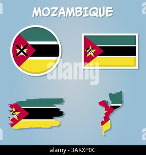 Bandiera e stemma nazionale della Repubblica del Mozambico sovrapposti su una mappa dettagliata isolata Illustrazione Vettoriale