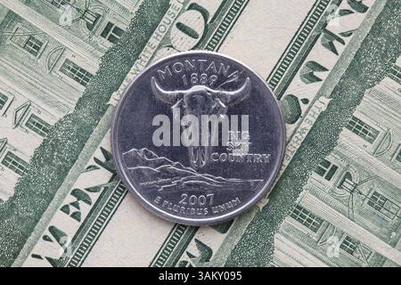 Un quarto del Montana con banconote in dollari. Composizione simmetrica di banconote in dollari USA e un quarto del Montana Foto Stock