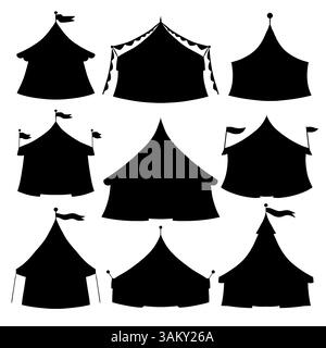 Set vettoriale di silhouette nera di tende vintage da circo isolate dallo sfondo. Collezione monocromatica di clip per il carnevale per adesivi Illustrazione Vettoriale
