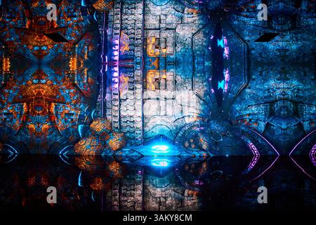 Arte digitale caleidoscopica con riflesso della luce blu in movimento Foto Stock