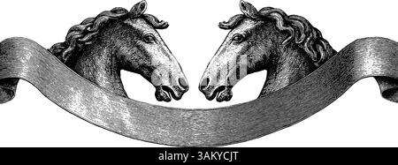 Illustrazione vintage di cavalli a giostra con un elegante design inciso per opere d'arte. Illustrazione Vettoriale