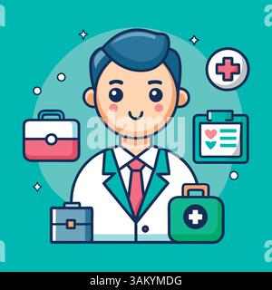 Vettore in stile cartoni animati di un medico maschio allegro in un cappotto bianco e cravatta rossa, circondato da icone mediche come un appunti, kit medico, e Healthca Illustrazione Vettoriale