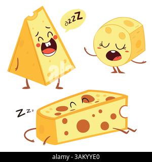 Carini personaggi di formaggio cartonato con espressioni e pose divertenti Illustrazione Vettoriale