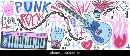 Musica punk rock party crayon Drawn Set. Rock n roll Festival Doodle background. Scribble grunge musica flyer elementi. Chitarra, pianoforte elettronico Illustrazione Vettoriale