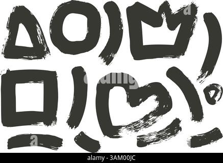 Grunge gli elementi di pittura con texture del tratto di pennello. Linee della corona disegnate a mano con graffiti a inchiostro nero, forme geometriche di Street style urbane sul bianco Illustrazione Vettoriale