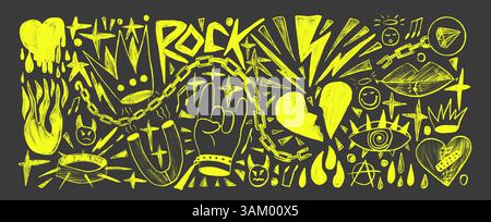 Set disegnato con pastello rock and roll. La coquette punk mette in risalto lo sfondo di Breaking Heart Doodle. Scarabocchiare gli elementi di silhouette grunge. Cuore, graf. Corona Illustrazione Vettoriale