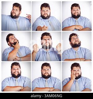 Uomo, collage e composito con espressioni facciali in studio con divertente o gioioso ritratto con felice. Commedia, emozioni e sequenza con primo piano Foto Stock