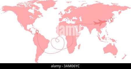 Illustrazione a cartoni animati di una mappa rosa del mondo con un piccolo aeroplano che la attraversa, disegnando un percorso a forma di cuore nel cielo. Simboleggia l'amore a lunga distanza Illustrazione Vettoriale