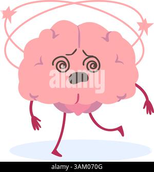 Simpatico personaggio rosa vertiginoso emoji con sensazione di vertigini illustrazione vettoriale. Divertente emoticon di cartone animato stressato per la salute mentale o concetto di psicologia Illustrazione Vettoriale