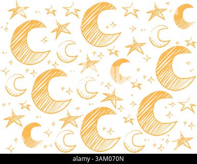 Collezione di disegni a linee disegnati a mano da sogno di luna, stelle ed elementi celesti, illustrazione vettoriale. Design grunge in stile retrò per i temi del cielo notturno Illustrazione Vettoriale