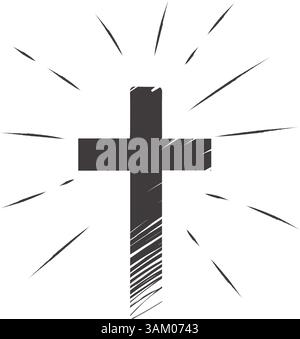 Icona a forma di scarabocchio a croce con pennello nero disegnato a mano. Semplice segno di croce cristiana isolato su sfondo bianco Illustrazione Vettoriale