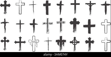 Collezione in stile grunge di illustrazioni vettoriali di croci cristiane. Simbolo icona per festeggiare le vacanze di Pasqua Illustrazione Vettoriale