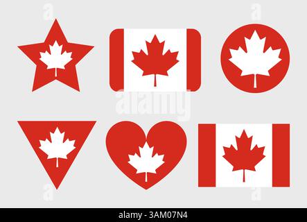 Icona bandiera Canada. Icone di bandiera canadese vettoriali ufficiali a forma di cuore, stella e cerchio Illustrazione Vettoriale