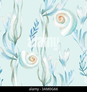 Conchiglie e alghe marine con motivo ad acquerello senza cuciture. Ornamento disegnato a mano Foto Stock