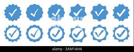 Badge blu verificati in diverse forme. Icona del badge verificato per i social media e il profilo. Controllare e approvare, accettare, icona del badge verificato su Instagram. Illustrazione Vettoriale