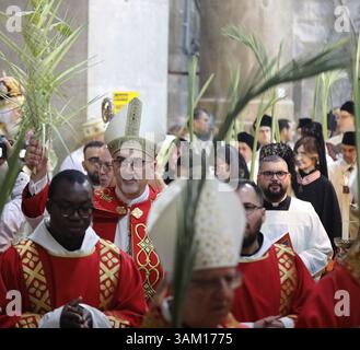 Gerusalemme, Israele 13 aprile 2025 i monaci marciano con rami di palme durante la cerimonia della domenica delle Palme presso la Chiesa del Santo Sepolcro. Pierbattista Pizzaballa, Patriarca Latino di Gerusalemme, in marcia tra i monaci, rinunciando a un ramo di palma da dattero. Foto Stock