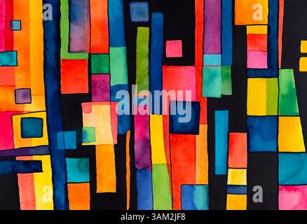 Righe e quadrati colorati e colorati su sfondo nero, motivo astratto colorato per un design accattivante Foto Stock