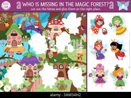 Attività vettoriale di fata nel bosco e colla. Creare un gioco con un grazioso paese delle fate o un paesaggio magico della foresta. Divertente foglio di lavoro stampabile per bambini. Trova t Illustrazione Vettoriale