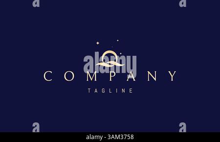 Logo dorato vettoriale con un'immagine astratta del sole sulle onde. Illustrazione Vettoriale