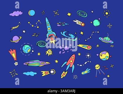 Viaggi nello spazio, divertenti scarabocchi colorati Illustrazione Vettoriale