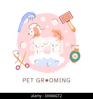 Un modello per la cura di cani e animali domestici. Il logo del salone è un parrucchiere per animali, tagli di capelli, bagni. Cane pedigreed in schiuma saponata, con accessori per lavaggio, shampoo, doccia, forbici. Illustrazione Vettoriale