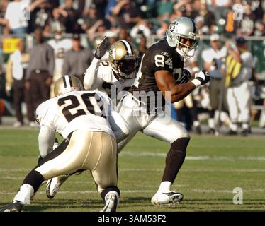 24 ottobre 2004 - U.S. - KRT SPORTS STORY SLUGGED: BRONCOS-RAIDERS KRT PHOTOGRAPH DI BOB PEPPING/CONTRA COSTA TIMES (17 ottobre) OAKLAND, CA -- Raider receiver Jerry Porter ha ricevuto questo passaggio per dare ai Raiders il primo e il primo gol sulla linea delle 3 yard durante il quarto quarto periodo della loro partita contro i Saints domenica 24 ottobre 2004, al Network Associates Coliseum di Oakland, California. (Mvw) 2004 (immagine di credito: © Bob Pepping/mct/ZUMAPRESS.com) Foto Stock