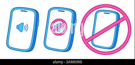 Volume audio smartphone, modalità silenziosa e segnale di avviso per spegnere il telefono. Simbolo di silenzio e divieto telefonico. Illustrazione vettoriale in stile fumetto. Illustrazione Vettoriale