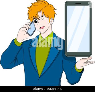Illustrazione a fumetto in stile anime di un giovane uomo d'affari con un abito blu e una camicia verde, che parla su un telefono cellulare mentre presenta un grande smartphone Illustrazione Vettoriale