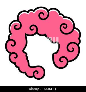 Design astratto dei capelli ricci. Profilo della testa di donna con vortici a spirale in cerchio. Illustrazione vettoriale dei ricci rosa. Illustrazione Vettoriale