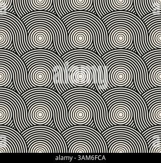 Ripetizione geometrica della linea beige nera con cerchi concentrici. Elemento di design per logo, pagine Web, stampe, poster, modello. Illustrazione Vettoriale