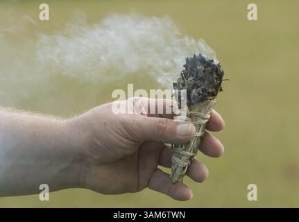 12 novembre 2005 - Stati Uniti - KRT US NEWS STORY SLUGGED: SACREDGROUND KRT PHOTOGRAPHY DI RODGER MALLISON/FORT WORTH STAR-TELEGRAM (DALLAS OUT) (23 novembre) Eagle Douglas, un discendente Cherokee, usa il fumo per purificare i terreni sacri. Eagle Douglas e sua moglie Jeena comprarono e si occuparono del luogo di un massacro del 1839 nel Texas orientale, dove circa 800 indiani, per lo più Cherokee, furono uccisi da un gruppo di milizie texane. (lj) 2005 (diversità) (immagine di credito: © Rodger Mallison/mct/ZUMAPRESS.com) Foto Stock