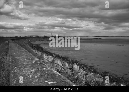Il muro marino di St Brides, che guarda a nord fino all'estuario del Severn. Foto Stock